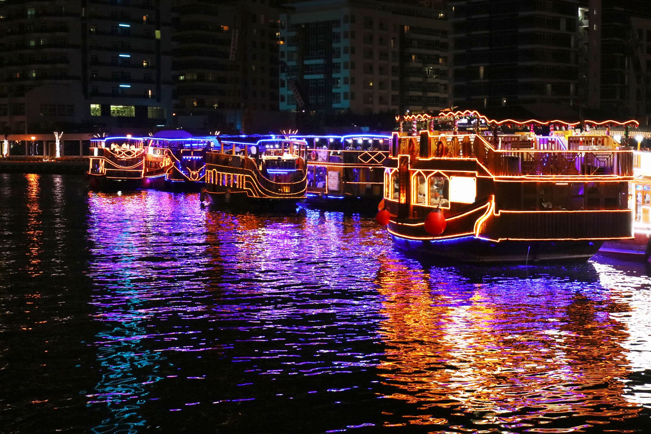 Dubai Marina Dhow Cruise Boats at Night