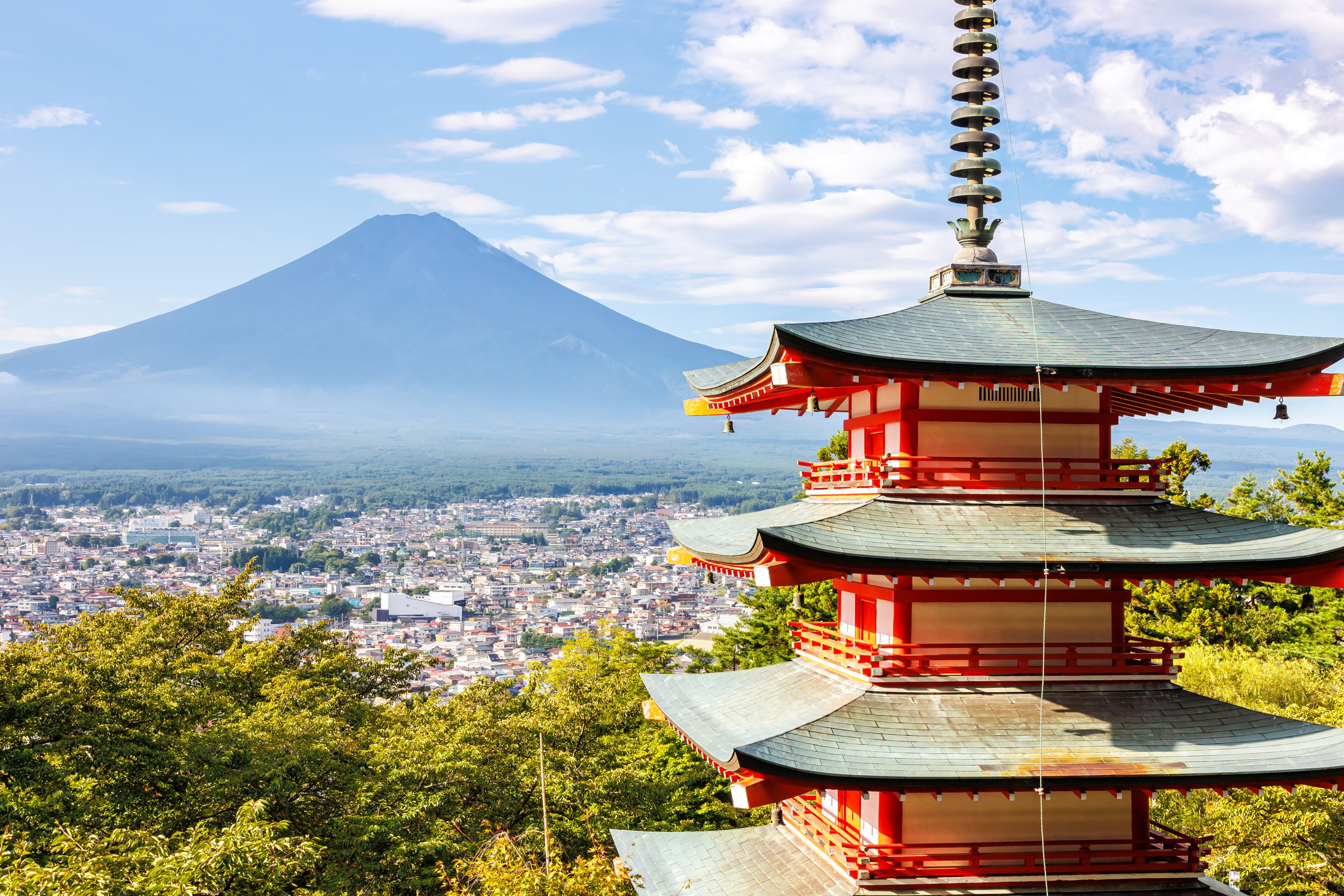 View of mount Fuji with Chureito Pagoda at Arakurayama Sengen Pa